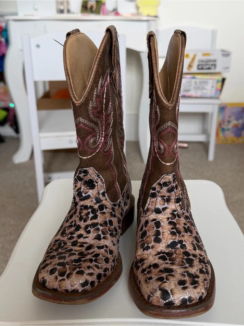 Roper Pink & Brown Leopard Print Kids Cowgirl Boots with Pink Stitching